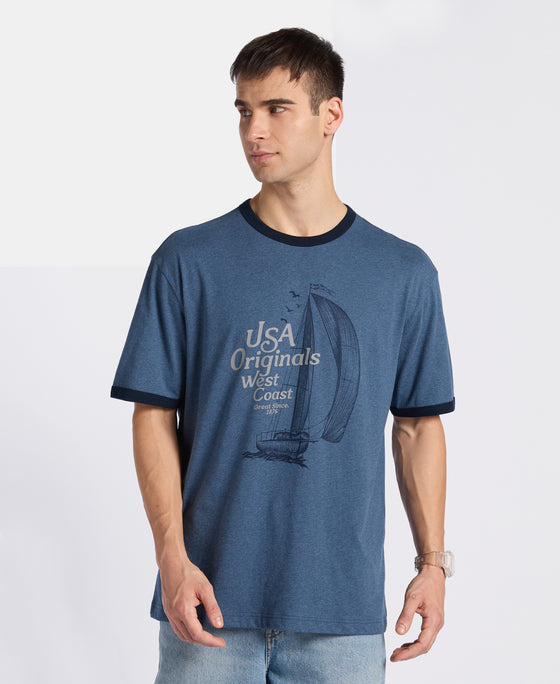 Super Combed Cotton Rich Relaxed Fit Graphic Printed T-Shirt - Insignia Blue Melange