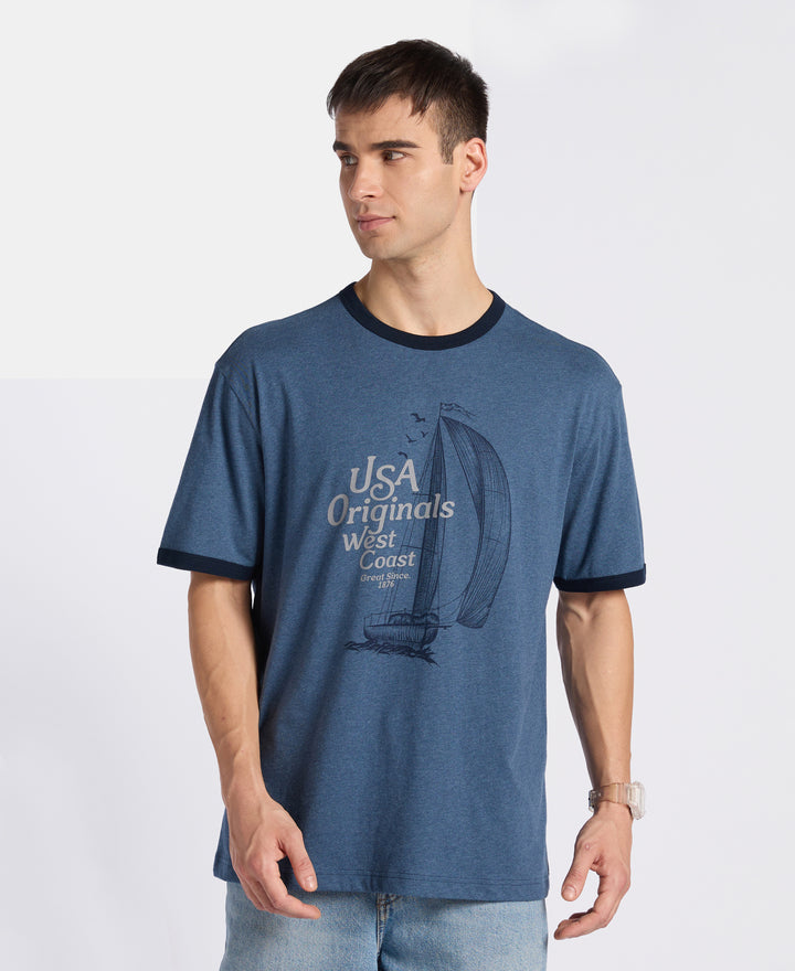 Super Combed Cotton Rich Relaxed Fit Graphic Printed T-Shirt - Insignia Blue Melange