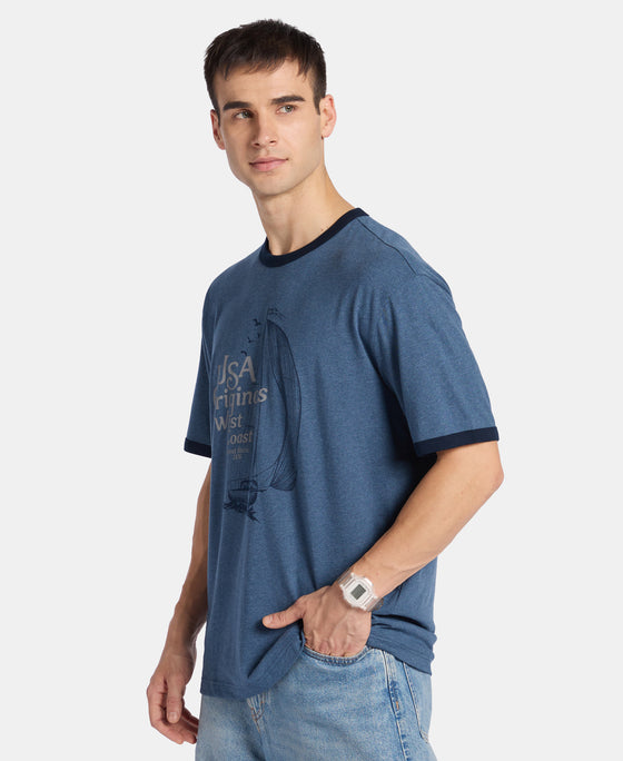 Super Combed Cotton Rich Relaxed Fit Graphic Printed T-Shirt - Insignia Blue Melange