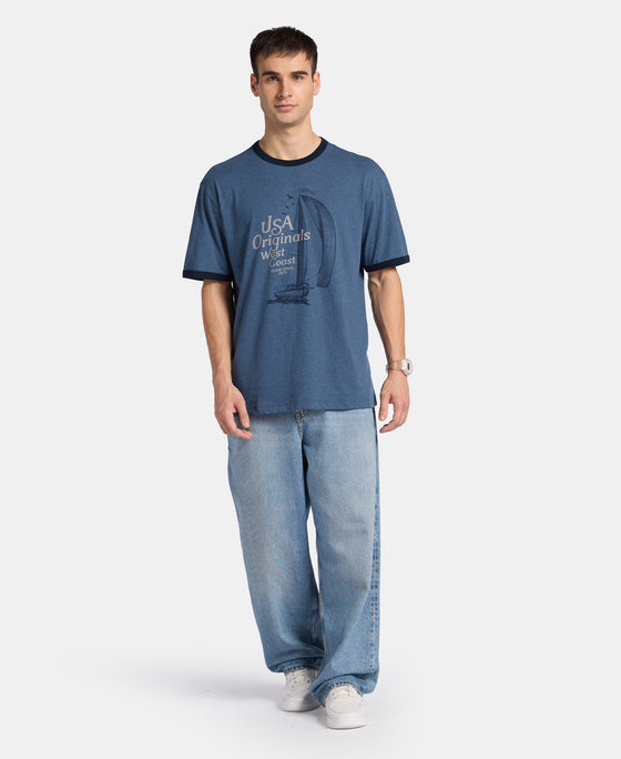 Super Combed Cotton Rich Relaxed Fit Graphic Printed T-Shirt - Insignia Blue Melange