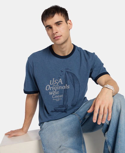 Super Combed Cotton Rich Relaxed Fit Graphic Printed T-Shirt - Insignia Blue Melange