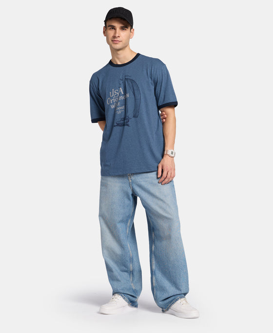 Super Combed Cotton Rich Relaxed Fit Graphic Printed T-Shirt - Insignia Blue Melange