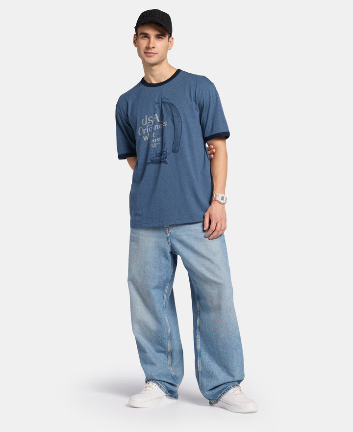 Super Combed Cotton Rich Relaxed Fit Graphic Printed T-Shirt - Insignia Blue Melange