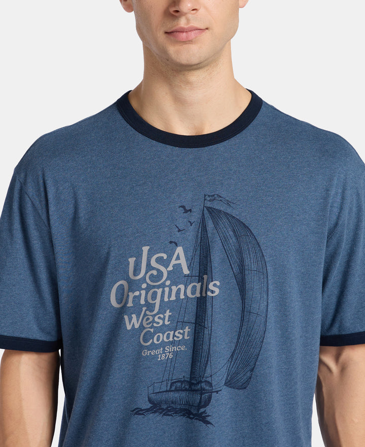 Super Combed Cotton Rich Relaxed Fit Graphic Printed T-Shirt - Insignia Blue Melange