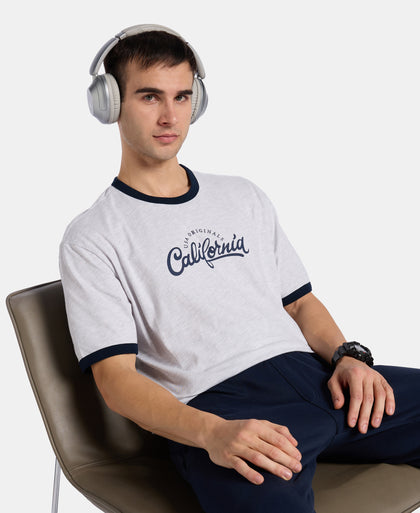 Super Combed Cotton Rich Relaxed Fit Graphic Printed T-Shirt - White Melange