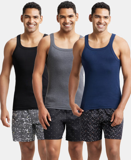 Pack of 3 Super Combed Cotton Rib Square Neck Gym Vest - Navy, Charcoal Melange & Black