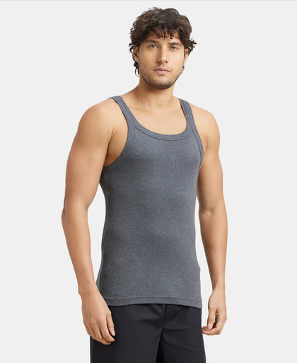 Pack of 3 Super Combed Cotton Rib Square Neck Gym Vest - Navy, Charcoal Melange & Black