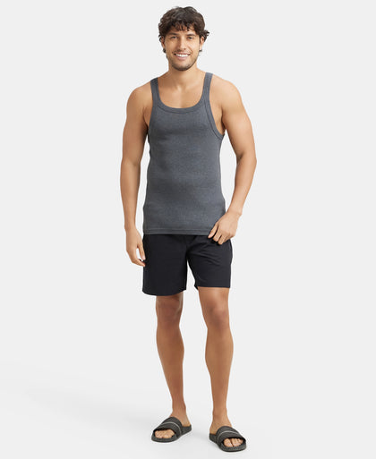 Pack of 3 Super Combed Cotton Rib Square Neck Gym Vest - Navy, Charcoal Melange & Black