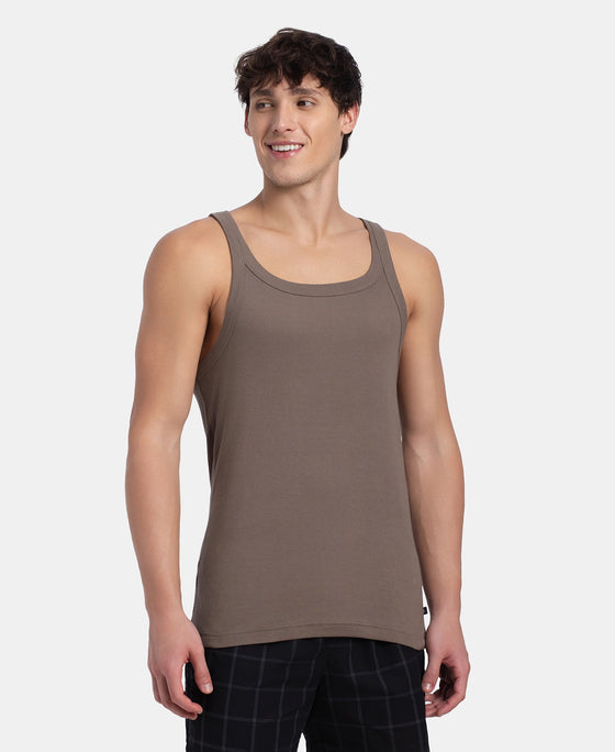 Super Combed Cotton Rib Square Neck Gym Vest - Dark Khaki