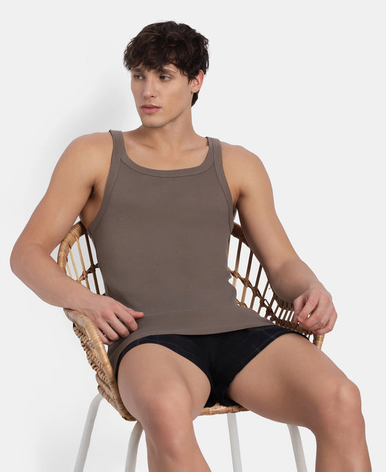 Super Combed Cotton Rib Square Neck Gym Vest - Dark Khaki