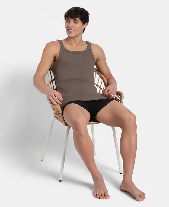 Super Combed Cotton Rib Square Neck Gym Vest - Dark Khaki