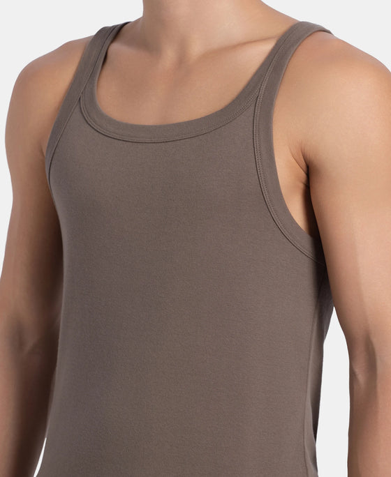 Super Combed Cotton Rib Square Neck Gym Vest - Dark Khaki