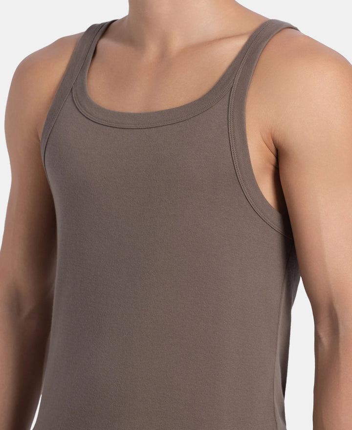 Super Combed Cotton Rib Square Neck Gym Vest - Dark Khaki