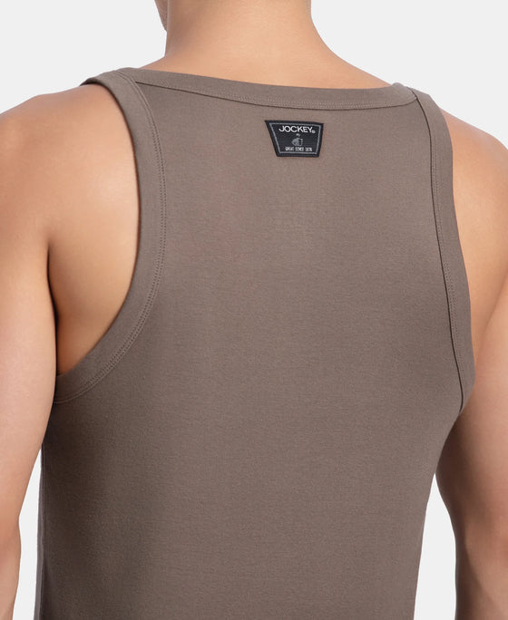 Super Combed Cotton Rib Square Neck Gym Vest - Dark Khaki