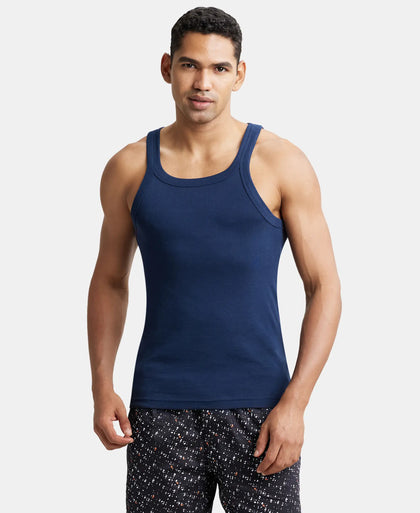 Pack of 3 Super Combed Cotton Rib Square Neck Gym Vest - Navy, Charcoal Melange & Black