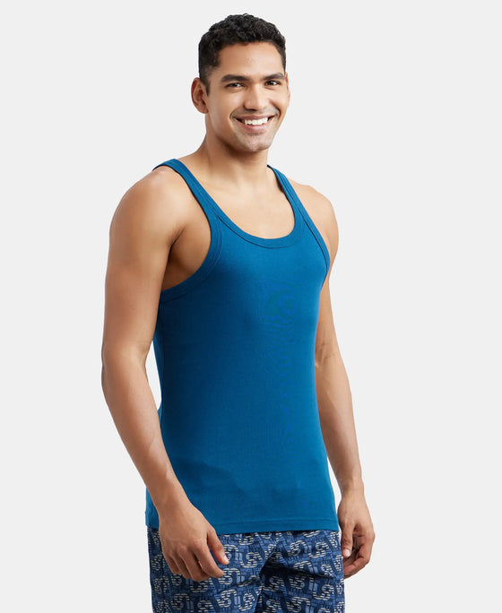 Pack of 3 Super Combed Cotton Rib Square Neck Gym Vest - Poseidon, Red Pepper & Deep Olive