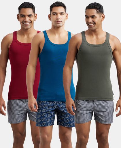Pack of 3 Super Combed Cotton Rib Square Neck Gym Vest - Poseidon, Red Pepper & Deep Olive