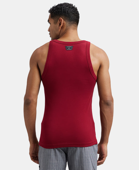 Pack of 3 Super Combed Cotton Rib Square Neck Gym Vest - Poseidon, Red Pepper & Deep Olive
