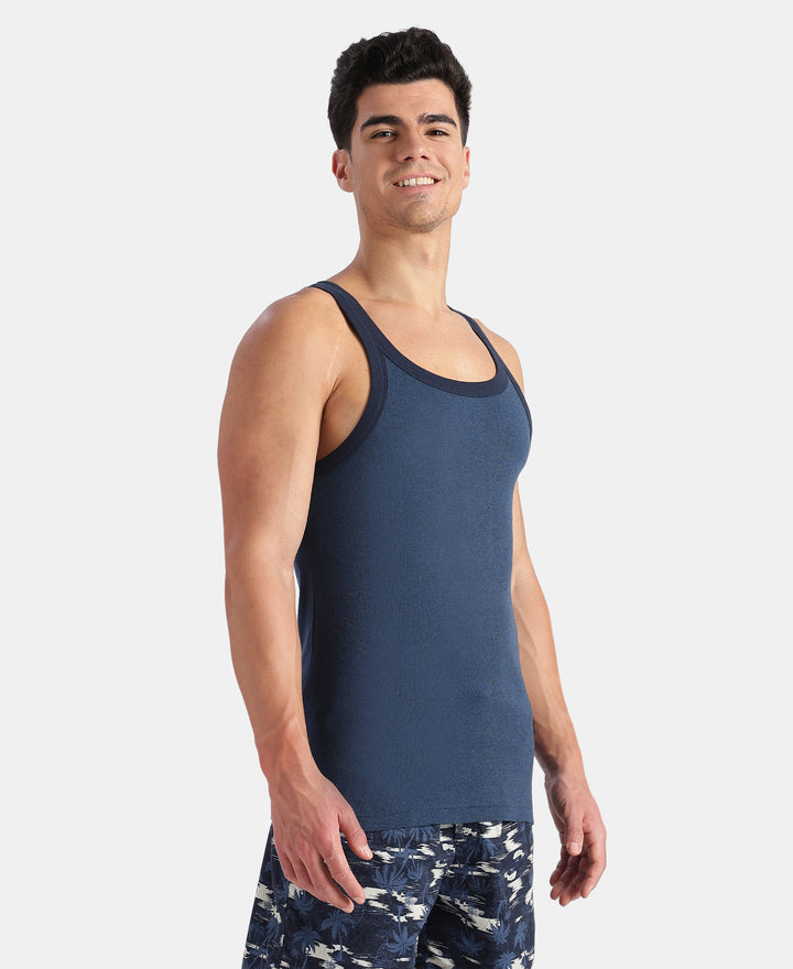 Super Combed Cotton Rib Square Neck Gym Vest - Dark Denim Melange