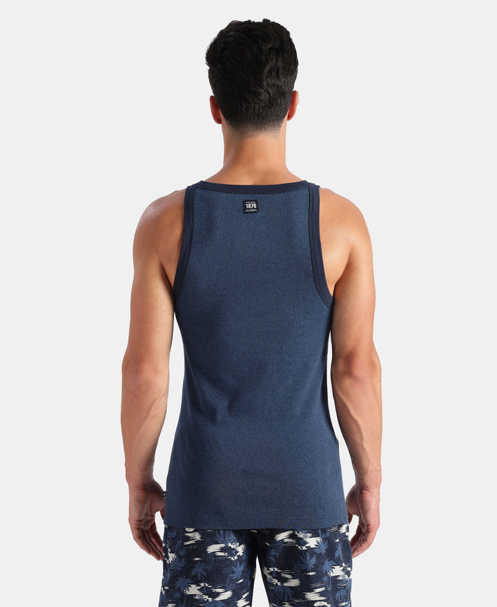Super Combed Cotton Rib Square Neck Gym Vest - Dark Denim Melange & Navy
