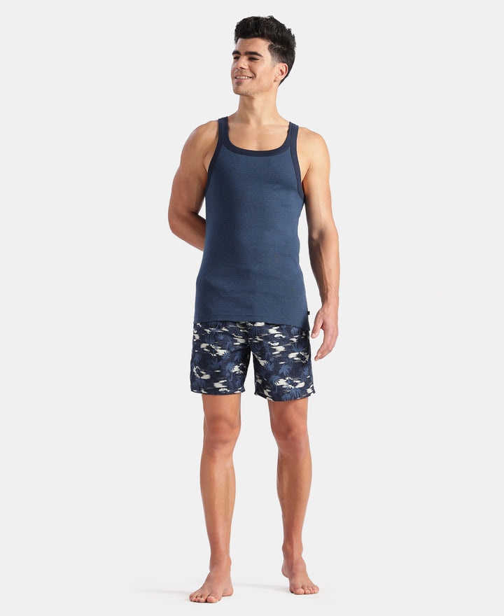 Super Combed Cotton Rib Square Neck Gym Vest - Dark Denim Melange
