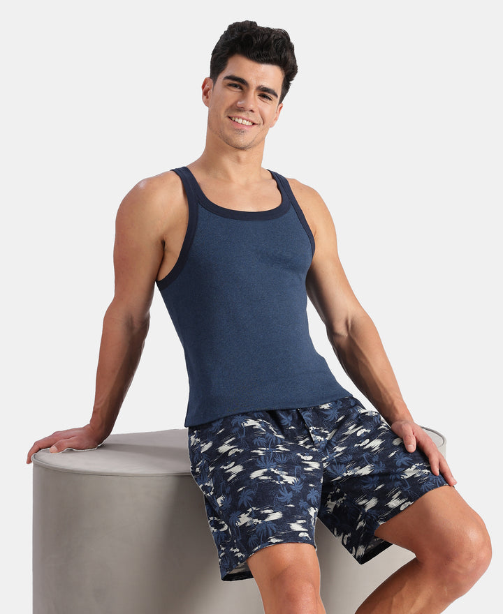 Super Combed Cotton Rib Square Neck Gym Vest - Dark Denim Melange