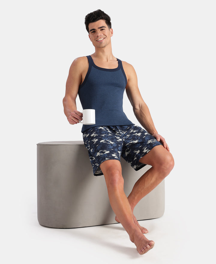 Super Combed Cotton Rib Square Neck Gym Vest - Dark Denim Melange & Navy