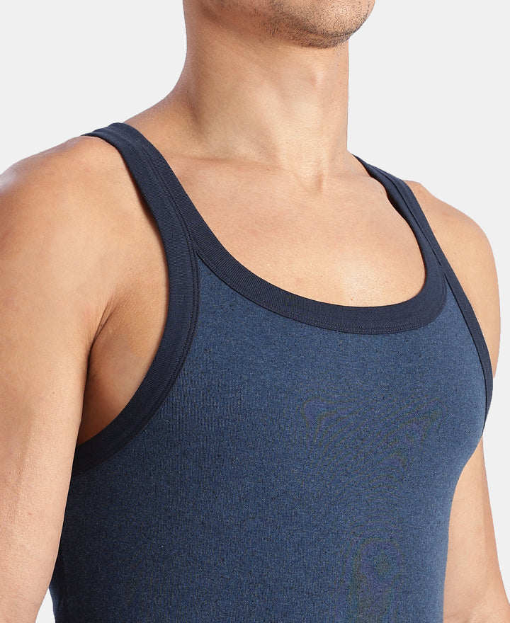 Super Combed Cotton Rib Square Neck Gym Vest - Dark Denim Melange