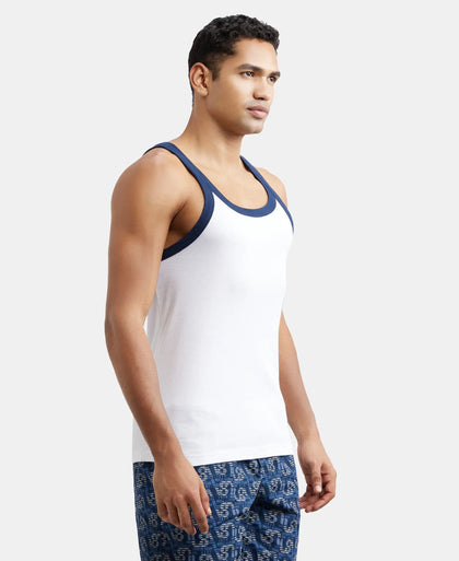 Super Combed Cotton Rib Square Neck Gym Vest - White & Navy