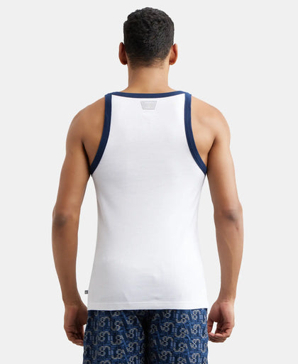 Super Combed Cotton Rib Square Neck Gym Vest - White & Navy