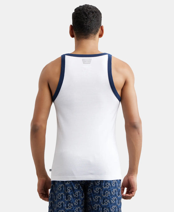 Super Combed Cotton Rib Square Neck Gym Vest - White & Navy