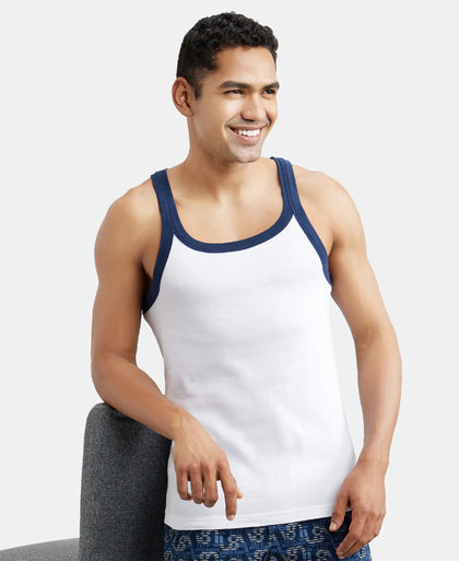 Super Combed Cotton Rib Square Neck Gym Vest - White & Navy