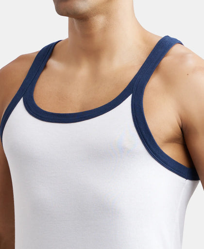 Super Combed Cotton Rib Square Neck Gym Vest - White & Navy