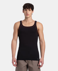 Super Combed Cotton Rib Square Neck Gym Vest with Graphic Print - Black & Grey Melange