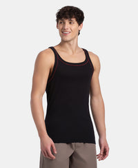 Super Combed Cotton Rib Square Neck Gym Vest with Graphic Print - Black & Grey Melange