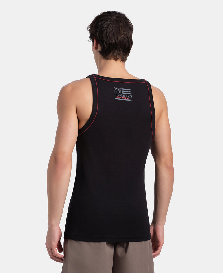 Super Combed Cotton Rib Square Neck Gym Vest with Graphic Print - Black & Grey Melange