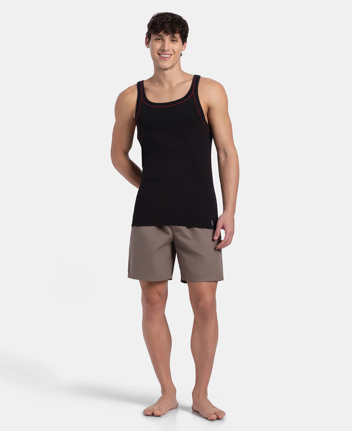 Super Combed Cotton Rib Square Neck Gym Vest with Graphic Print - Black & Grey Melange
