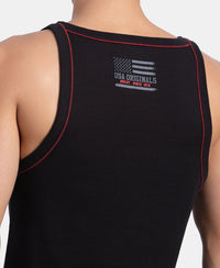 Super Combed Cotton Rib Square Neck Gym Vest with Graphic Print - Black & Grey Melange