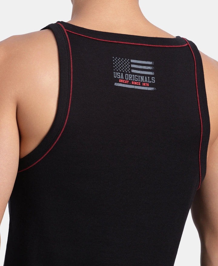 Super Combed Cotton Rib Square Neck Gym Vest with Graphic Print - Black & Grey Melange