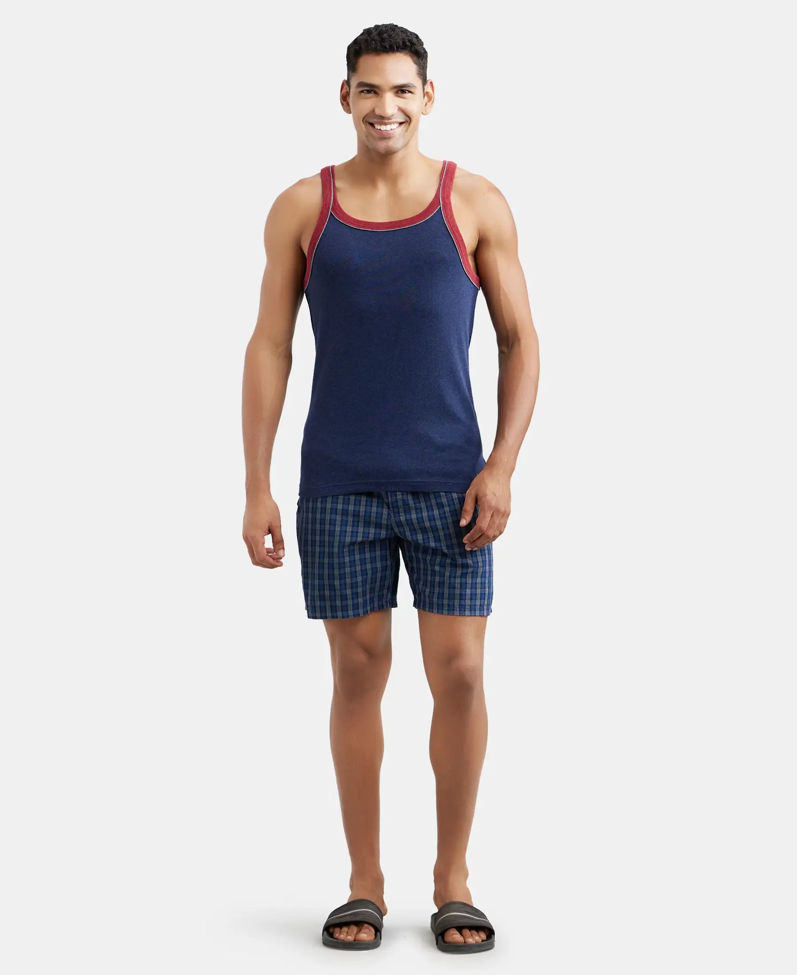 Super Combed Cotton Rib Square Neck Gym Vest with Graphic Print - Ink Blue Melange