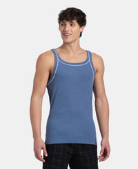 Super Combed Cotton Rib Square Neck Gym Vest with Graphic Print - Light Denim Melange