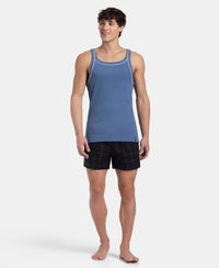 Super Combed Cotton Rib Square Neck Gym Vest with Graphic Print - Light Denim Melange