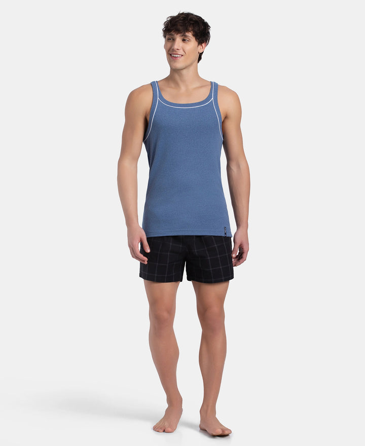 Super Combed Cotton Rib Square Neck Gym Vest with Graphic Print - Light Denim Melange