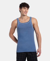 Super Combed Cotton Rib Square Neck Gym Vest with Graphic Print - Light Denim Melange