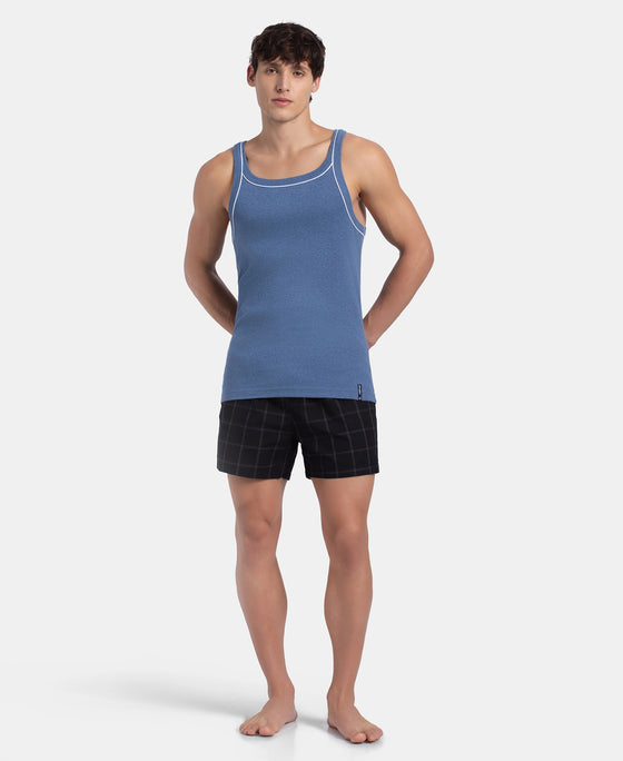 Super Combed Cotton Rib Square Neck Gym Vest with Graphic Print - Light Denim Melange