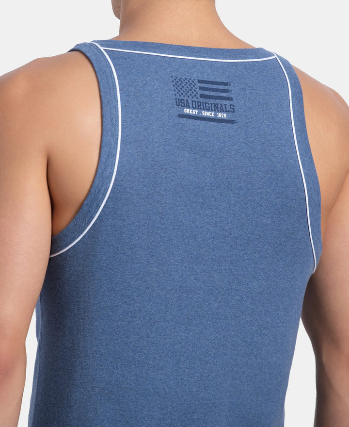 Super Combed Cotton Rib Square Neck Gym Vest with Graphic Print - Light Denim Melange