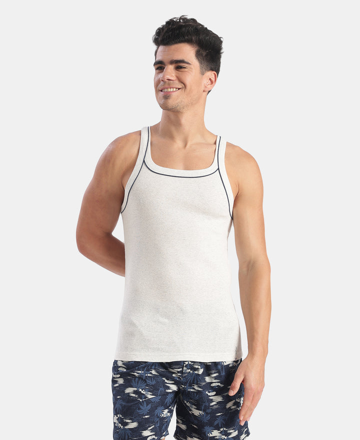 Super Combed Cotton Rib Square Neck Gym Vest with Graphic Print - Snow White Melange