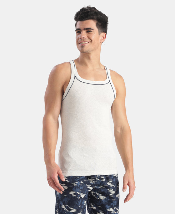Super Combed Cotton Rib Square Neck Gym Vest with Graphic Print - Snow White Melange