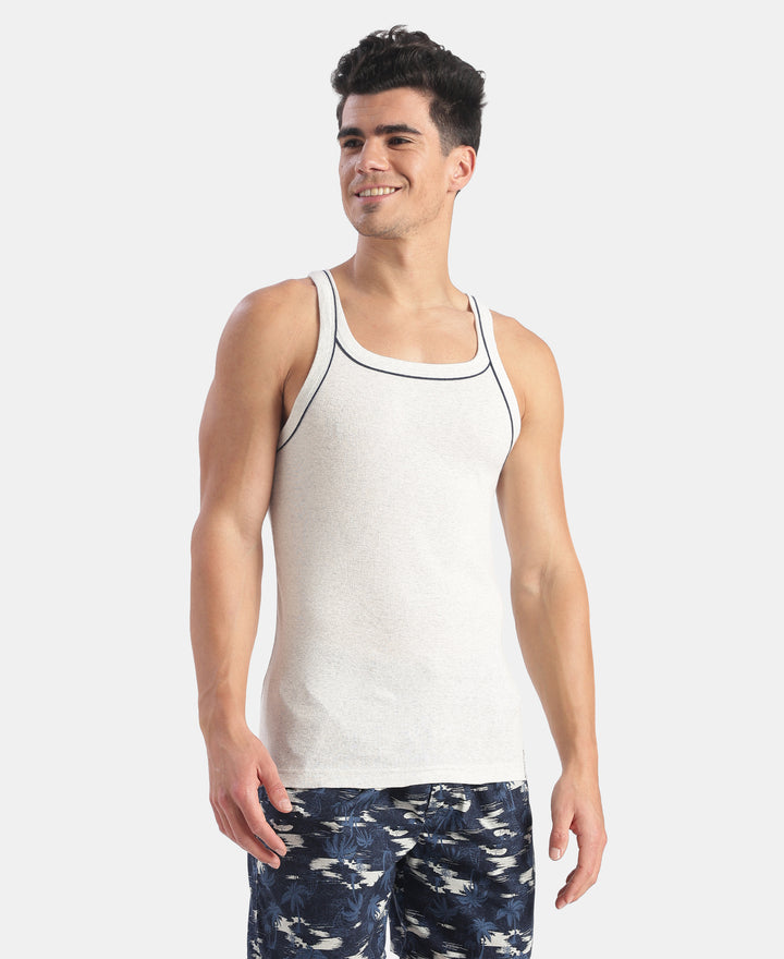 Super Combed Cotton Rib Square Neck Gym Vest with Graphic Print - Snow White Melange