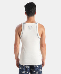 Super Combed Cotton Rib Square Neck Gym Vest with Graphic Print - Snow White Melange